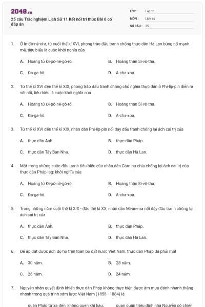 25 câu Trắc nghiệm Lịch Sử 11 Kết nối tri thức Bài 6 có đáp án