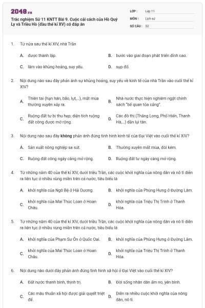 Trắc nghiệm Sử 11 KNTT Bài 9. Cuộc cải cách của Hồ Quý Ly và Triều Hồ (đầu thế kỉ XV) có đáp án