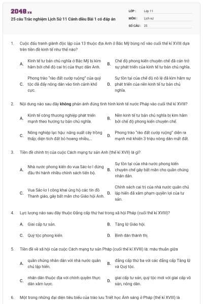 25 câu Trắc nghiệm Lịch Sử 11 Cánh diều Bài 1 có đáp án