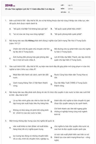 25 câu Trắc nghiệm Lịch Sử 11 Cánh diều Bài 2 có đáp án