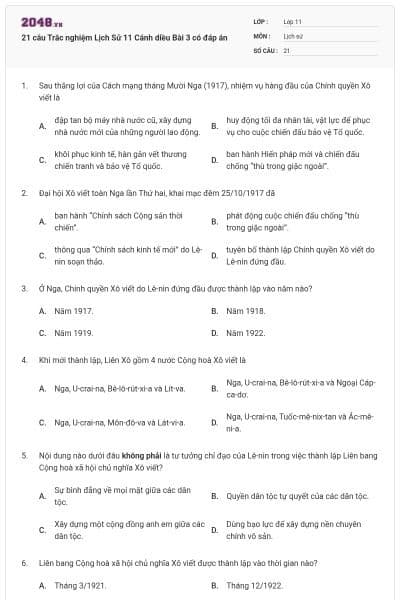 21 câu Trắc nghiệm Lịch Sử 11 Cánh diều Bài 3 có đáp án