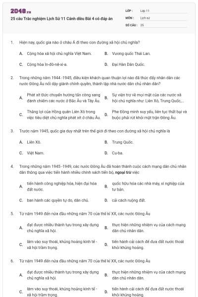 25 câu Trắc nghiệm Lịch Sử 11 Cánh diều Bài 4 có đáp án