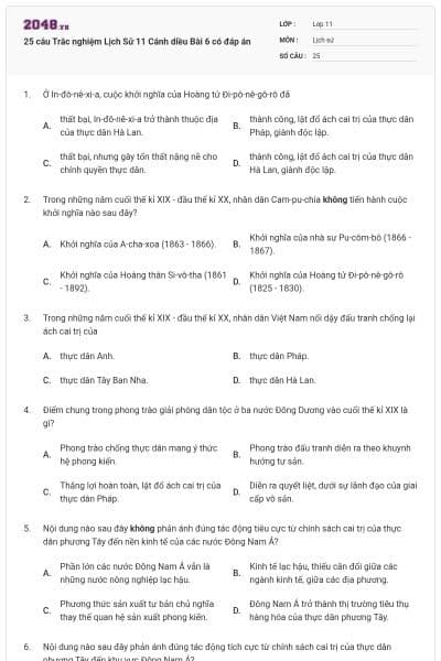 25 câu Trắc nghiệm Lịch Sử 11 Cánh diều Bài 6 có đáp án