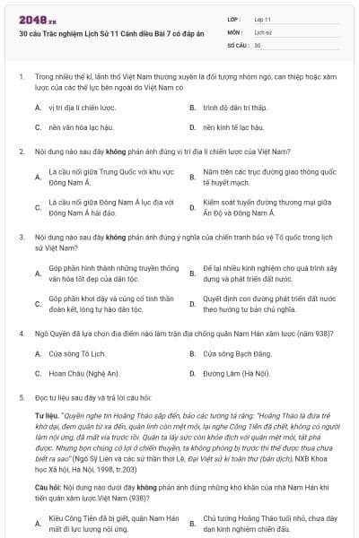 30 câu Trắc nghiệm Lịch Sử 11 Cánh diều Bài 7 có đáp án