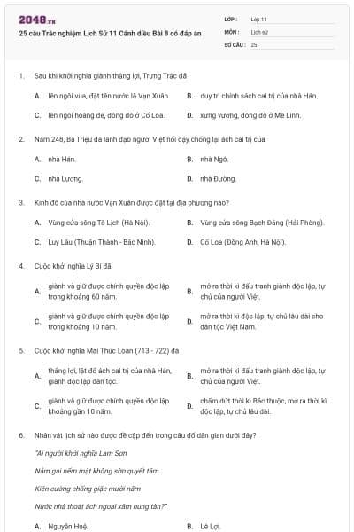 25 câu Trắc nghiệm Lịch Sử 11 Cánh diều Bài 8 có đáp án