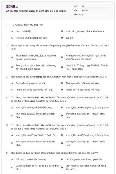 32 câu Trắc nghiệm Lịch Sử 11 Cánh diều Bài 9 có đáp án