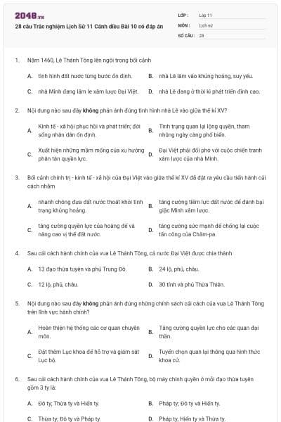 28 câu Trắc nghiệm Lịch Sử 11 Cánh diều Bài 10 có đáp án