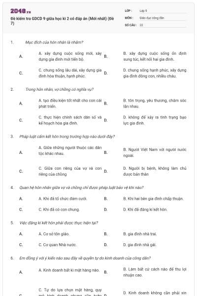 Đề kiểm tra GDCD 9 giữa học kì 2 có đáp án (Mới nhất) (Đề 7)