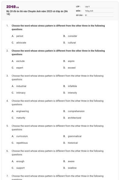 Bộ 20 đề ôn thi vào Chuyên Anh năm 2023 có đáp án (Đề 18)