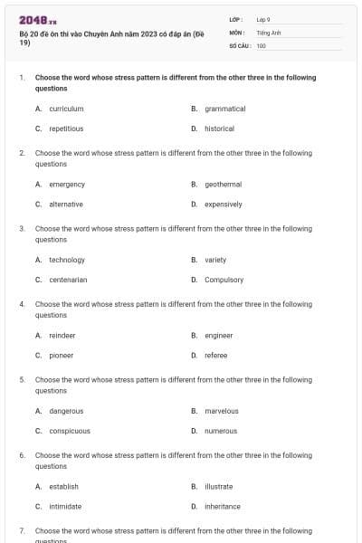 Bộ 20 đề ôn thi vào Chuyên Anh năm 2023 có đáp án (Đề 19)