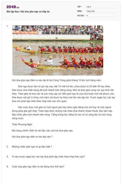Bài tập Đọc: Hội đua ghe ngo có đáp án