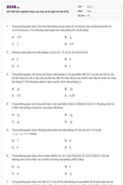 201 Bài trắc nghiệm Oxyz cực hay có lời giải chi tiết (P4)