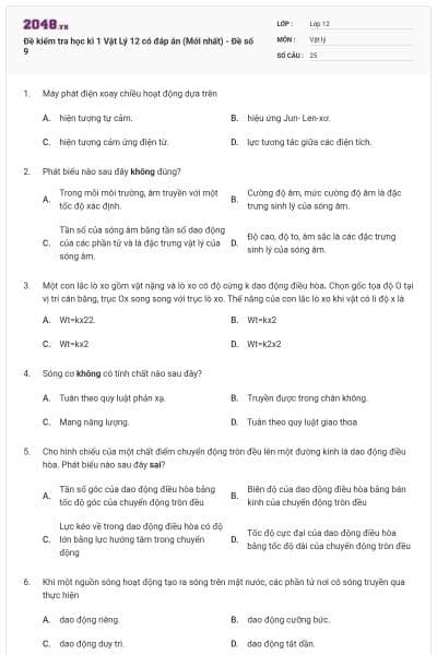 Đề kiểm tra học kì 1 Vật Lý 12 có đáp án (Mới nhất) - Đề số 9