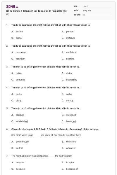 Đề thi Giữa kì 1 Tiếng anh lớp 12 có đáp án năm 2023 (Đề 2)