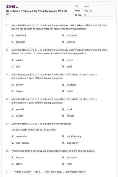 Đề thi Giữa kì 1 Tiếng anh lớp 12 có đáp án năm 2023 (Đề 3)