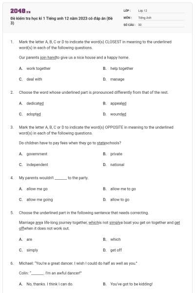 Đề kiểm tra học kì 1 Tiếng anh 12 năm 2023 có đáp án (Đề 3)