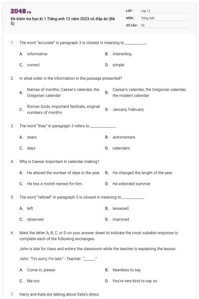 Đề kiểm tra học kì 1 Tiếng anh 12 năm 2023 có đáp án (Đề 5)