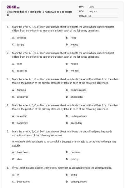 Đề kiểm tra học kì 1 Tiếng anh 12 năm 2023 có đáp án (Đề 6)