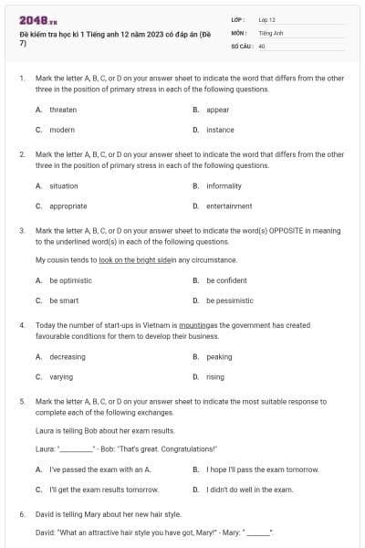 Đề kiểm tra học kì 1 Tiếng anh 12 năm 2023 có đáp án (Đề 7)