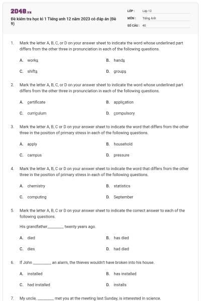 Đề kiểm tra học kì 1 Tiếng anh 12 năm 2023 có đáp án (Đề 9)