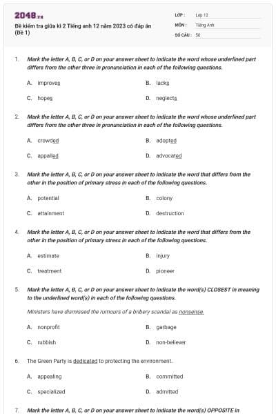 Đề kiểm tra giữa kì 2 Tiếng anh 12 năm 2023 có đáp án (Đề 1)