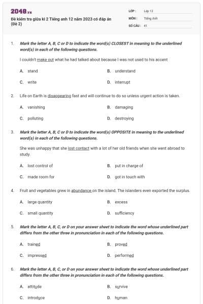 Đề kiểm tra giữa kì 2 Tiếng anh 12 năm 2023 có đáp án (Đề 2)