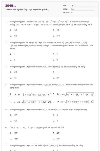 256 Bài trắc nghiệm Oxyz cực hay có lời giải (P1)