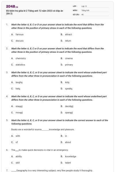 Đề kiểm tra giữa kì 2 Tiếng anh 12 năm 2023 có đáp án (Đề 3)