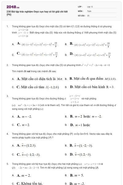 230 Bài tập trắc nghiệm Oxyz cực hay có lời giải chi tiết (P6)