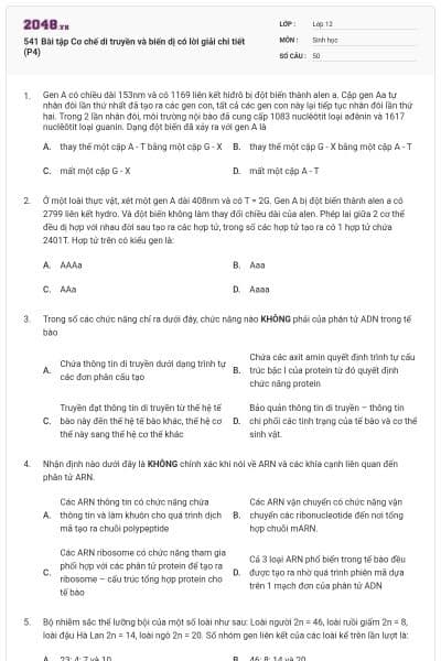 541 Bài tập Cơ chế di truyền và biến dị có lời giải chi tiết (P4)