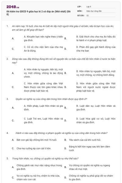 Đề kiểm tra GDCD 9 giữa học kì 2 có đáp án (Mới nhất) (Đề 8)