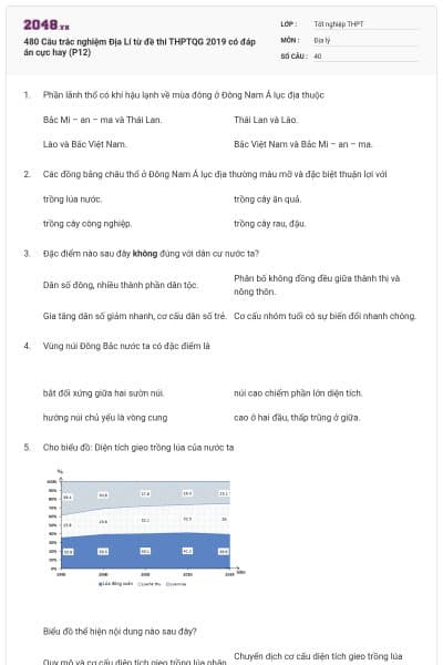 480 Câu trắc nghiệm Địa Lí từ đề thi THPTQG 2019 có đáp án cực hay (P12)