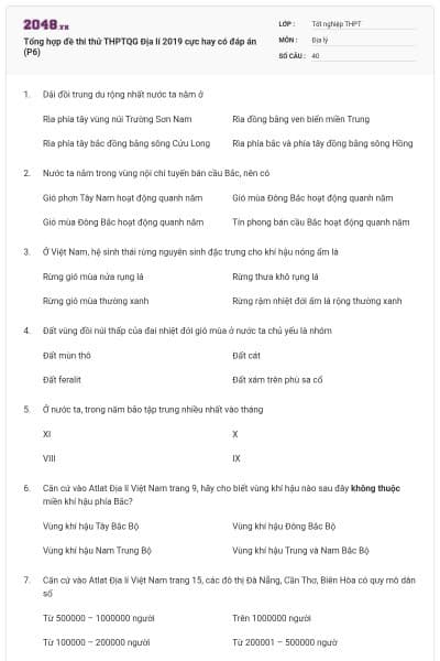 Tổng hợp đề thi thử THPTQG Địa lí 2019 cực hay có đáp án (P6)