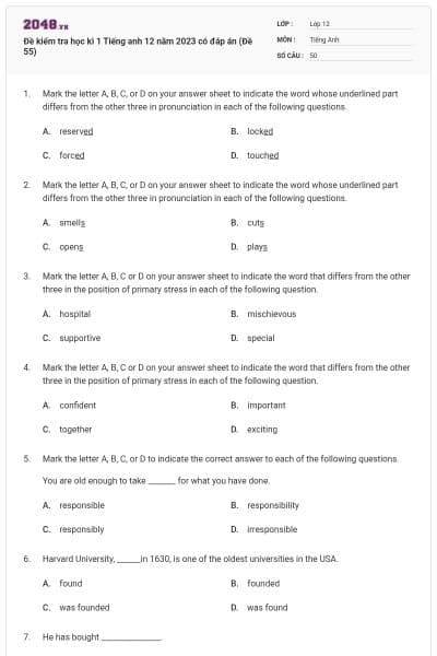 Đề kiểm tra học kì 1 Tiếng anh 12 năm 2023 có đáp án (Đề 55)