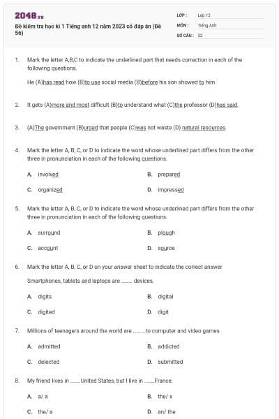 Đề kiểm tra học kì 1 Tiếng anh 12 năm 2023 có đáp án (Đề 56)