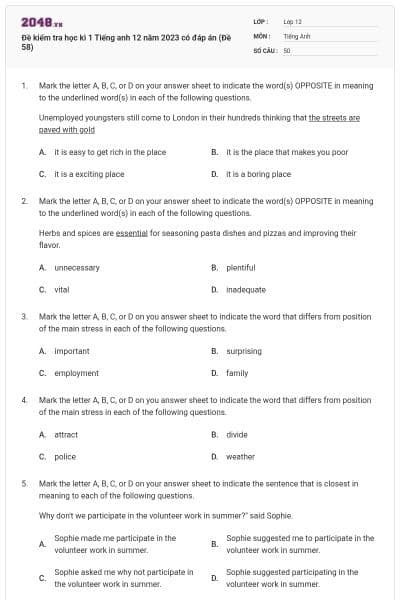 Đề kiểm tra học kì 1 Tiếng anh 12 năm 2023 có đáp án (Đề 58)