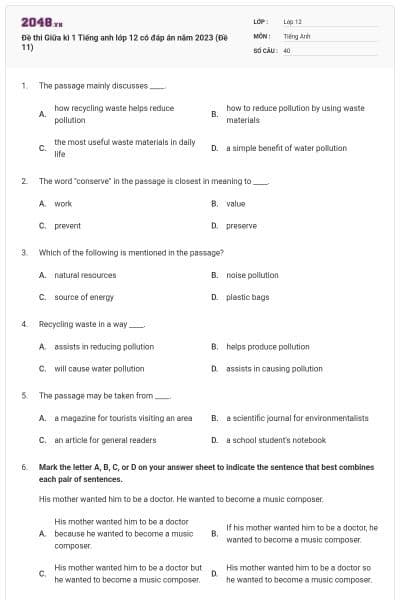 Đề thi Giữa kì 1 Tiếng anh lớp 12 có đáp án năm 2023 (Đề 11)