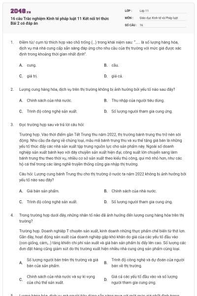 16 câu Trắc nghiệm Kinh tế pháp luật 11 Kết nối tri thức Bài 2 có đáp án