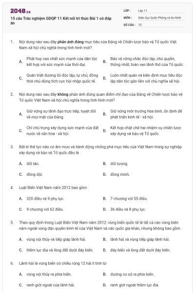 15 câu Trắc nghiệm GDQP 11 Kết nối tri thức Bài 1 có đáp án
