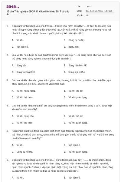 15 câu Trắc nghiệm GDQP 11 Kết nối tri thức Bài 7 có đáp án