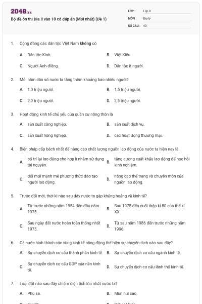 Bộ đề ôn thi Địa lí vào 10 có đáp án (Mới nhất) (Đề 1)