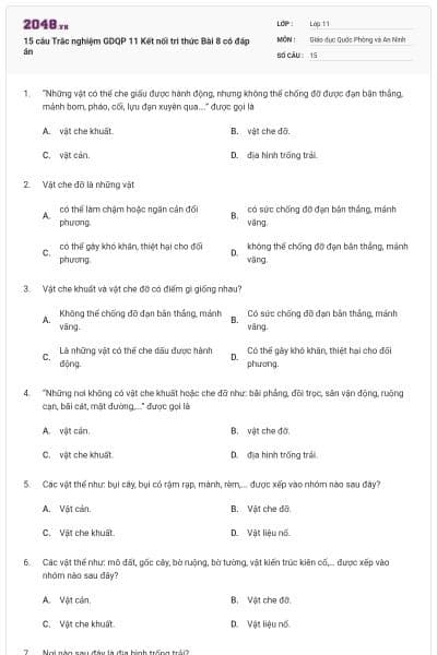 15 câu Trắc nghiệm GDQP 11 Kết nối tri thức Bài 8 có đáp án