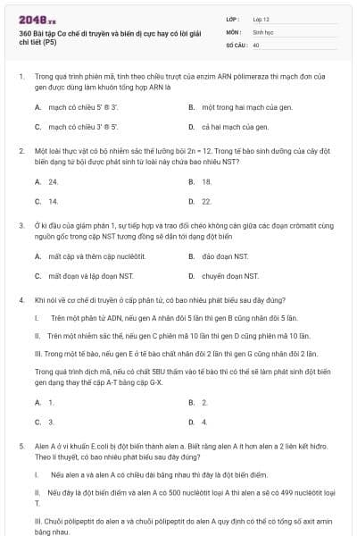 360 Bài tập Cơ chế di truyền và biến dị cực hay có lời giải chi tiết (P5)