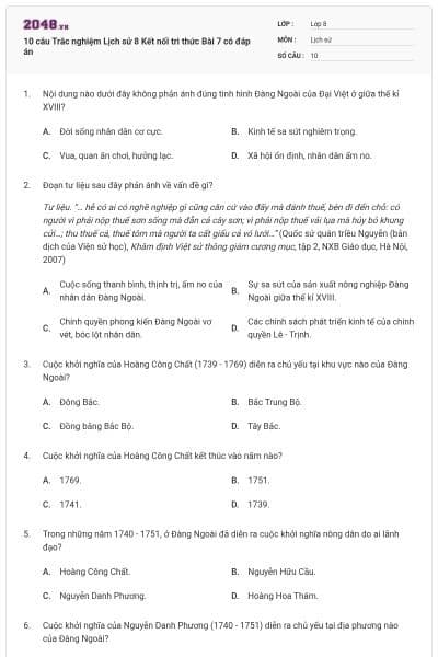 10 câu Trắc nghiệm Lịch sử 8 Kết nối tri thức Bài 7 có đáp án