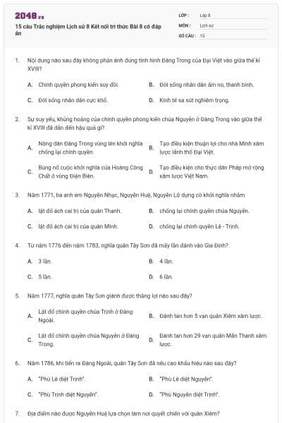 15 câu Trắc nghiệm Lịch sử 8 Kết nối tri thức Bài 8 có đáp án
