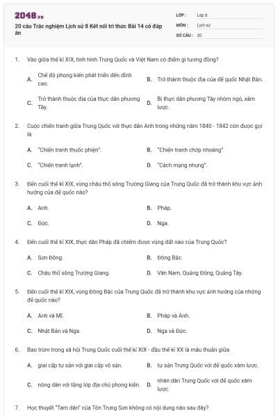 20 câu Trắc nghiệm Lịch sử 8 Kết nối tri thức Bài 14 có đáp án