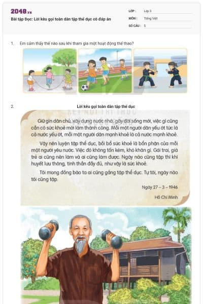 Bài tập Đọc: Lời kêu gọi toàn dân tập thể dục có đáp án