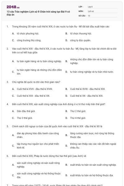 13 câu Trắc nghiệm Lịch sử 8 Chân trời sáng tạo Bài 9 có đáp án
