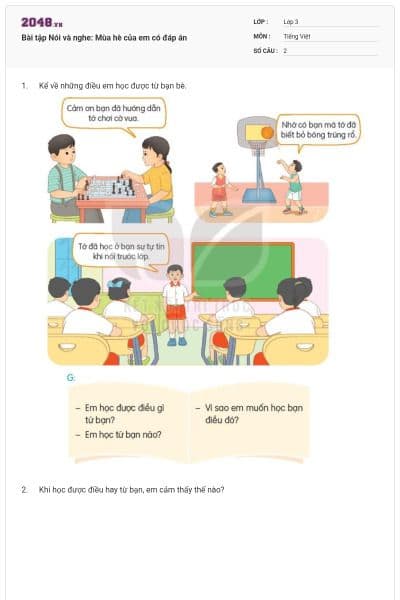 Bài tập Nói và nghe: Mùa hè của em có đáp án