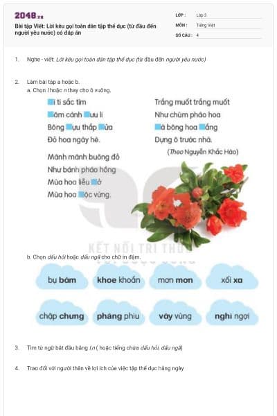 Bài tập Viết: Lời kêu gọi toàn dân tập thể dục (từ đầu đến người yêu nước) có đáp án